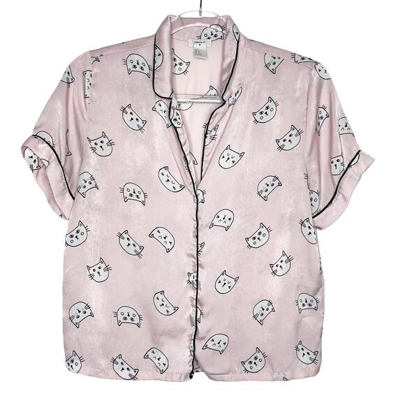 FOREVER 21 Cat Print Pajama Shirt Shorts Set Satin Lightweight Pink Size Small - Picture 9 of 10